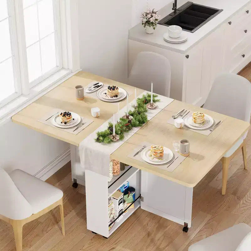 Table à manger pliante pour 4, table de cuisine rustique avec tiroir, étagère de rangement à 2 niveaux et 6 roulettes pour petits espaces