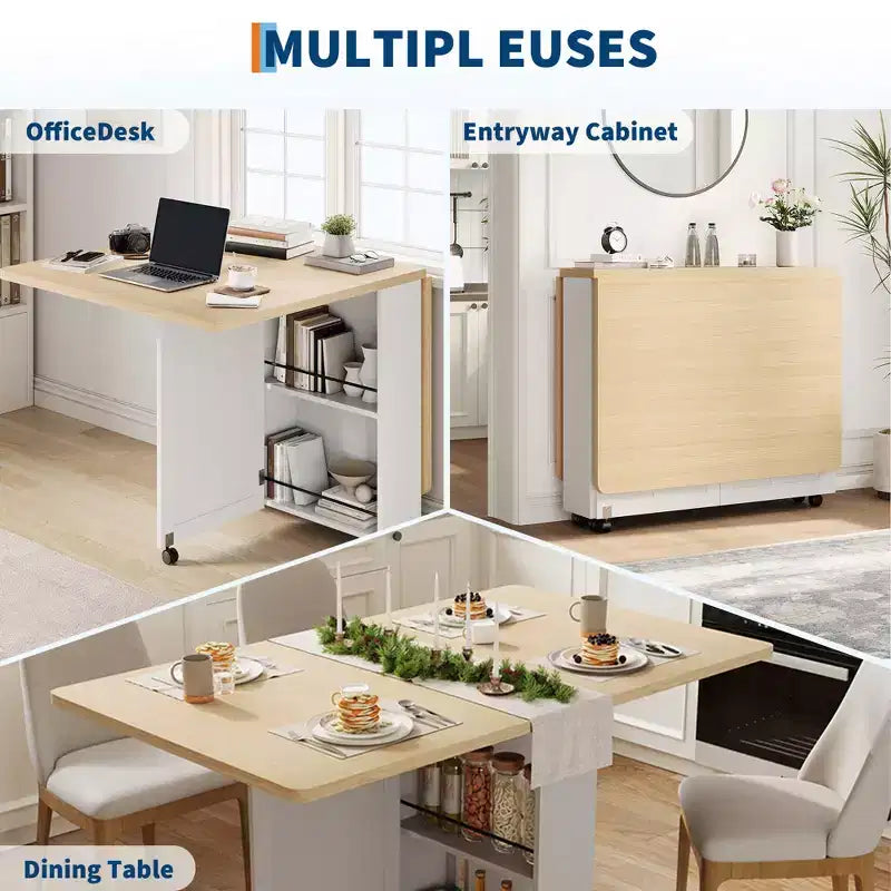 Table à manger pliante pour 4, table de cuisine rustique avec tiroir, étagère de rangement à 2 niveaux et 6 roulettes pour petits espaces