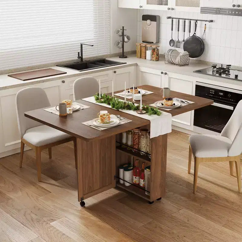 Table à manger pliante pour 4, table de cuisine rustique avec tiroir, étagère de rangement à 2 niveaux et 6 roulettes pour petits espaces