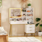 Coiffeuse moderne avec miroir lumineux haute définition, cinq tiroirs, portes vitrées, prises intégrées et plateau en verre pour chambre à coucher.