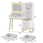 Coiffeuse moderne avec miroir lumineux haute définition, cinq tiroirs, portes vitrées, prises intégrées et plateau en verre pour chambre à coucher.