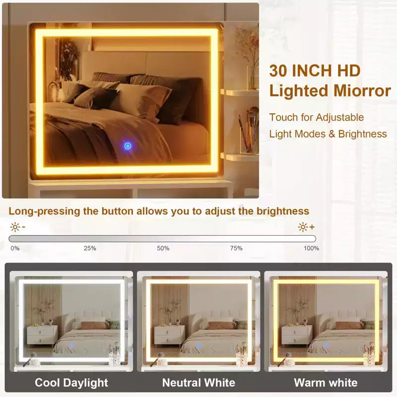 Coiffeuse moderne avec miroir lumineux haute définition, cinq tiroirs, portes vitrées, prises intégrées et plateau en verre pour chambre à coucher.