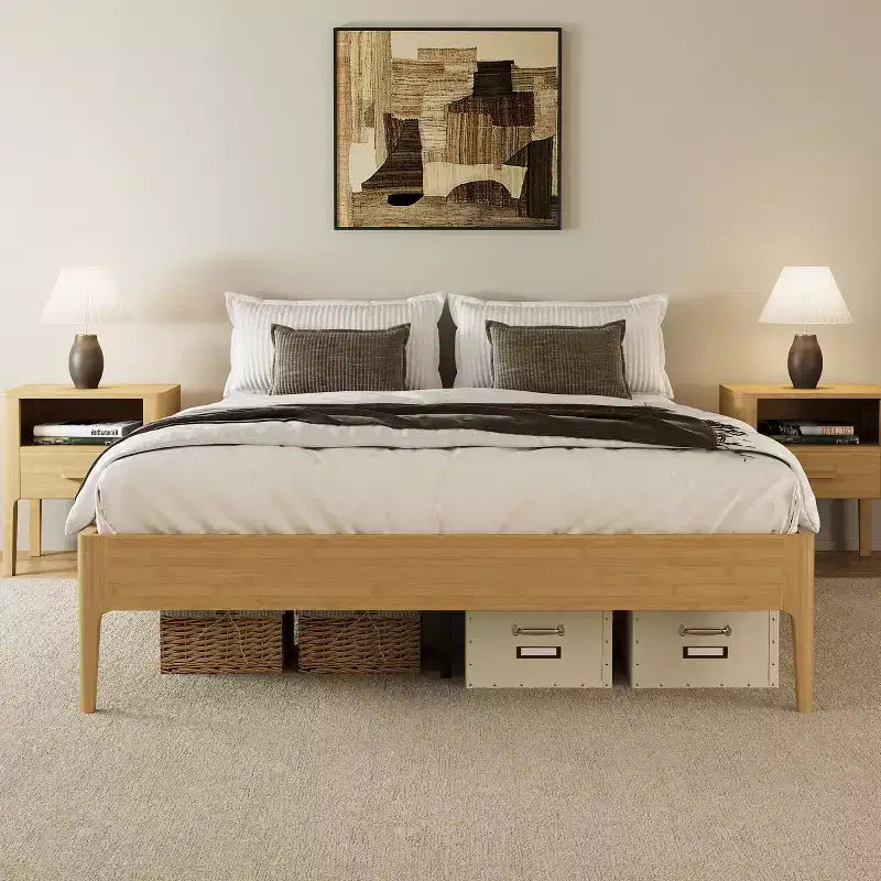 Cadre de lit plateforme en bambou massif Polibi avec support central en métal et rangement sous le lit
