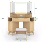 Coiffeuse d'angle en bois naturel, Coiffeuse d'angle avec plateau en verre, Coiffeuse d'angle avec miroir et chaise, Coiffeuse à rayures