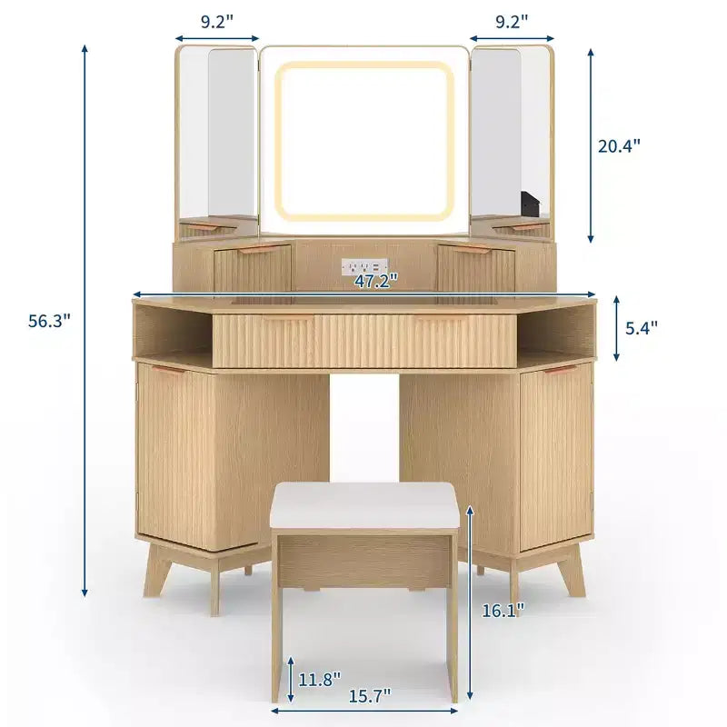 Coiffeuse d'angle en bois naturel, Coiffeuse d'angle avec plateau en verre, Coiffeuse d'angle avec miroir et chaise, Coiffeuse à rayures