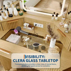 Coiffeuse d'angle en bois naturel, Coiffeuse d'angle avec plateau en verre, Coiffeuse d'angle avec miroir et chaise, Coiffeuse à rayures