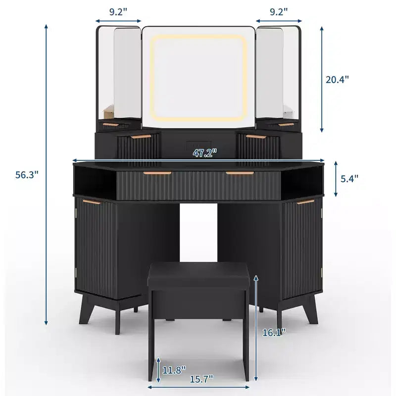 Coiffeuse d'angle en bois naturel, Coiffeuse d'angle avec plateau en verre, Coiffeuse d'angle avec miroir et chaise, Coiffeuse à rayures