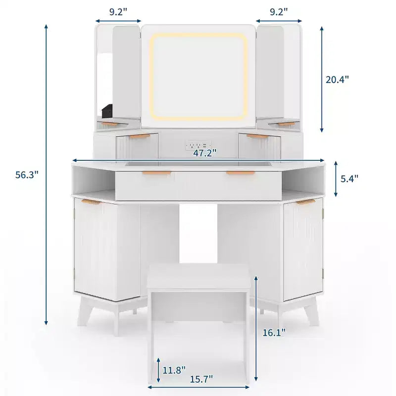 Coiffeuse d'angle en bois naturel, Coiffeuse d'angle avec plateau en verre, Coiffeuse d'angle avec miroir et chaise, Coiffeuse à rayures