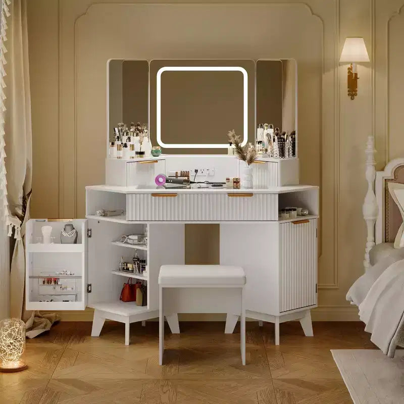 Coiffeuse d'angle en bois naturel, Coiffeuse d'angle avec plateau en verre, Coiffeuse d'angle avec miroir et chaise, Coiffeuse à rayures