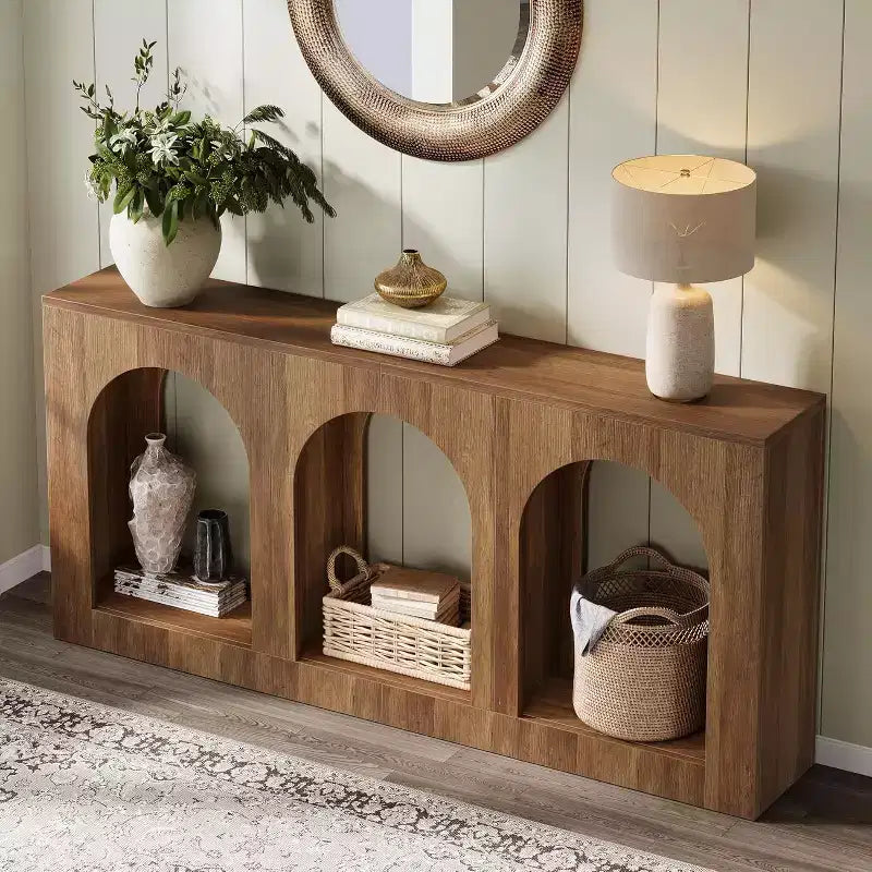 Table Console Lantine de 70,9 pouces avec Rangement, Table d'Entrée en Bois avec Étagères Arqueées pour Foyer, Couloir, Salon, Étroite et Longue, Marron