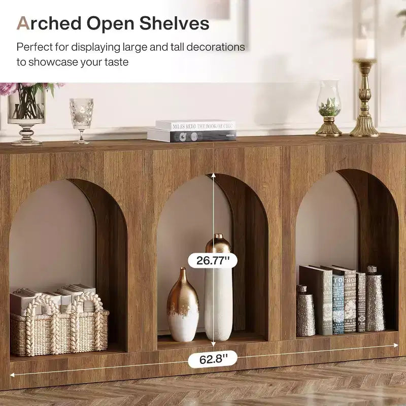 Table Console Lantine de 70,9 pouces avec Rangement, Table d'Entrée en Bois avec Étagères Arqueées pour Foyer, Couloir, Salon, Étroite et Longue, Marron