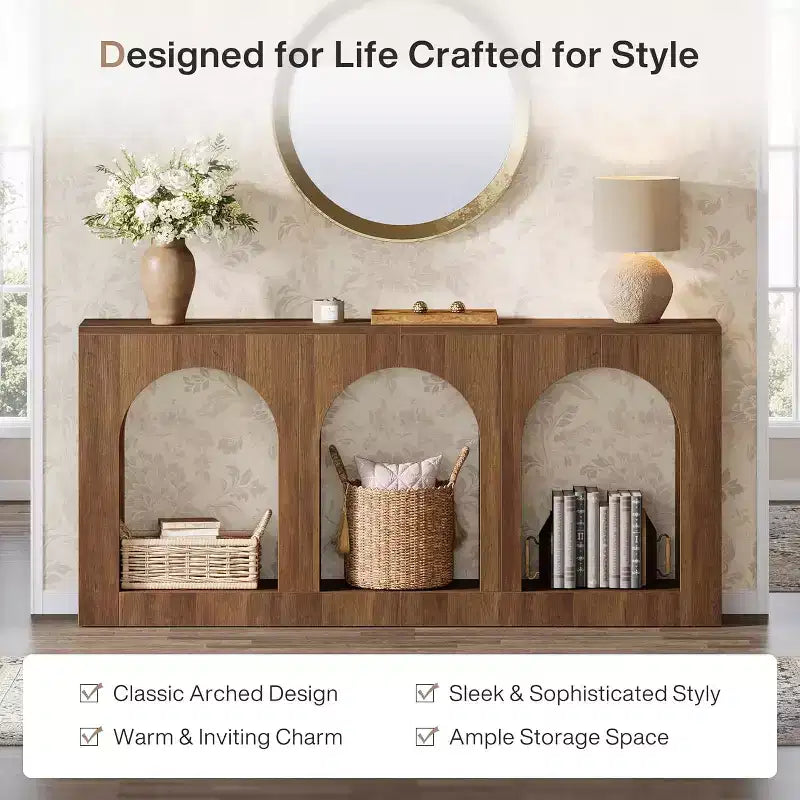 Table Console Lantine de 70,9 pouces avec Rangement, Table d'Entrée en Bois avec Étagères Arqueées pour Foyer, Couloir, Salon, Étroite et Longue, Marron