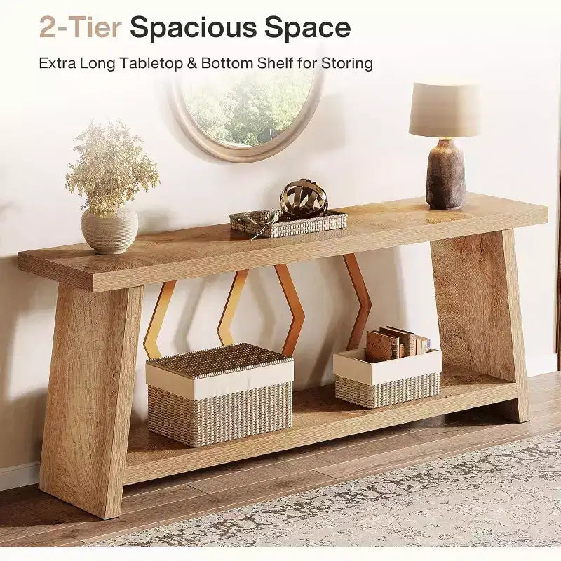 Lantine Table Console Extra Longue à 2 Niveaux de 179,98 cm, Chêne Clair, pour Salon, Derrière Canapé, Couloir d'Entrée, avec Rangement.