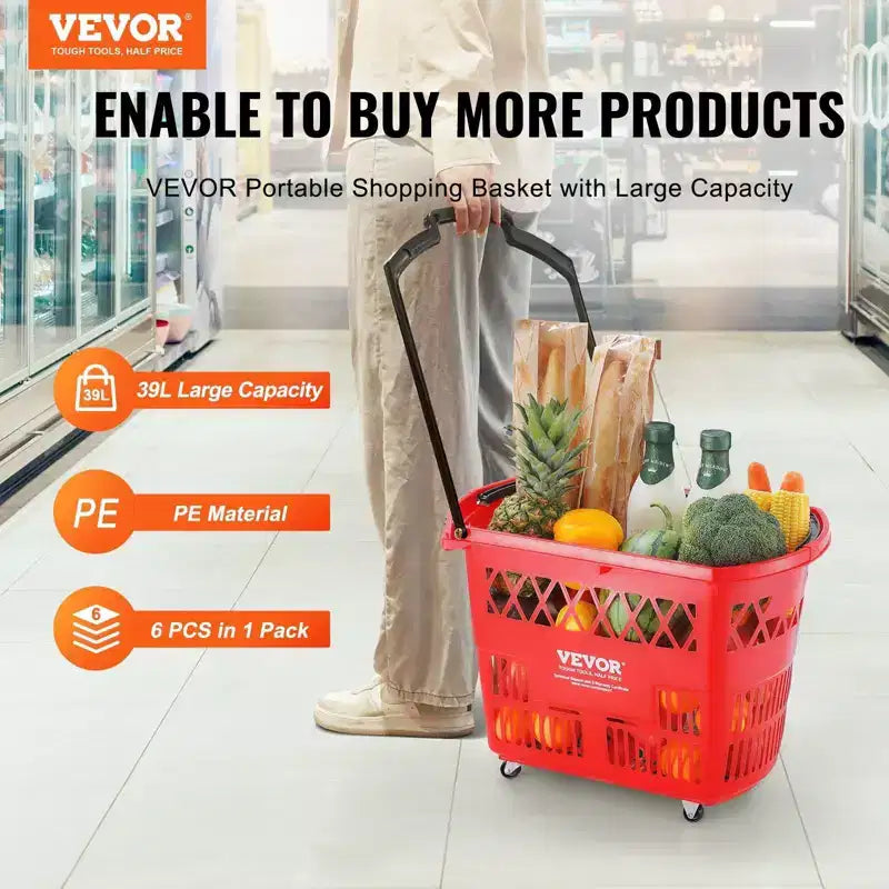 VIYET Chariots de Rangement Roulants en Plastique avec Poignées, 6 pièces, 39L, Rouges - Idéal pour les Supermarchés, les Magasins de Détail, les Courses Alimentaires