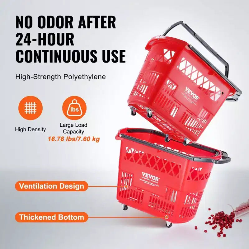 VIYET Chariots de Rangement Roulants en Plastique avec Poignées, 6 pièces, 39L, Rouges - Idéal pour les Supermarchés, les Magasins de Détail, les Courses Alimentaires