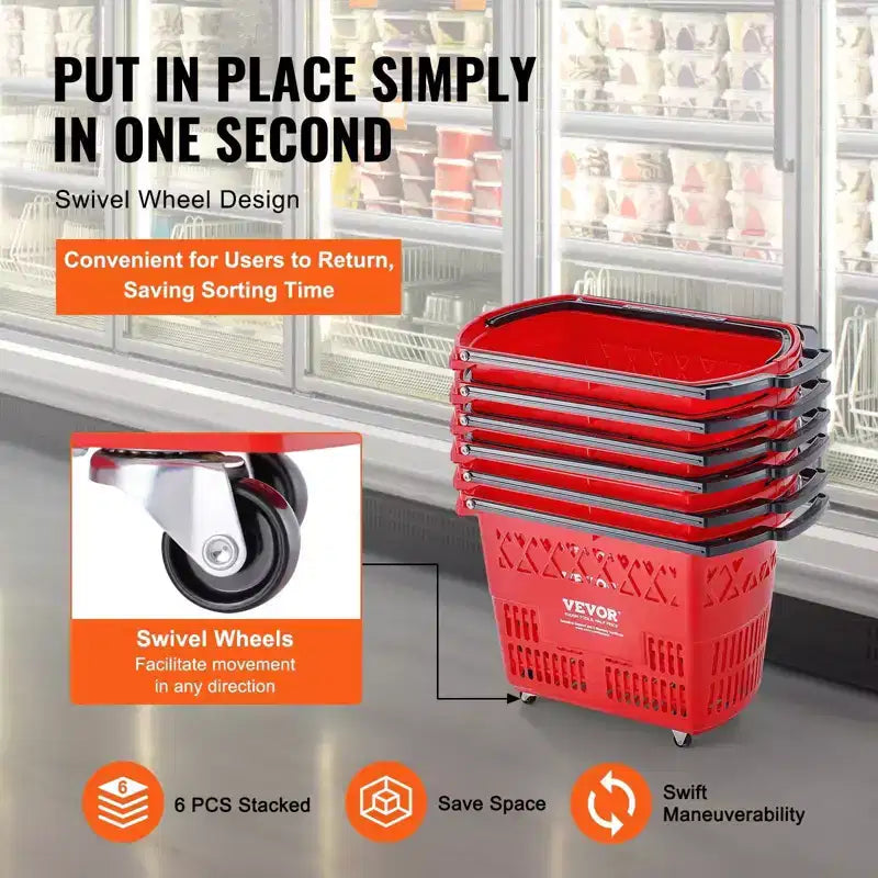 VIYET Chariots de Rangement Roulants en Plastique avec Poignées, 6 pièces, 39L, Rouges - Idéal pour les Supermarchés, les Magasins de Détail, les Courses Alimentaires