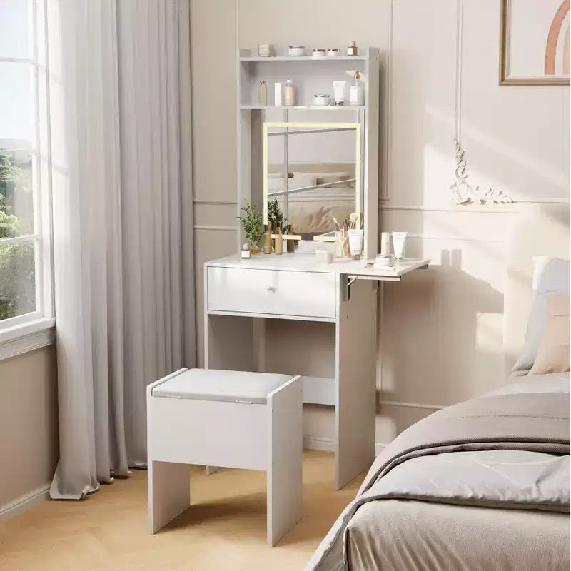 COZONY Coiffeuse de maquillage avec miroir, table de maquillage de 150 cm avec lumières LED, multiprise, tabouret, blanc