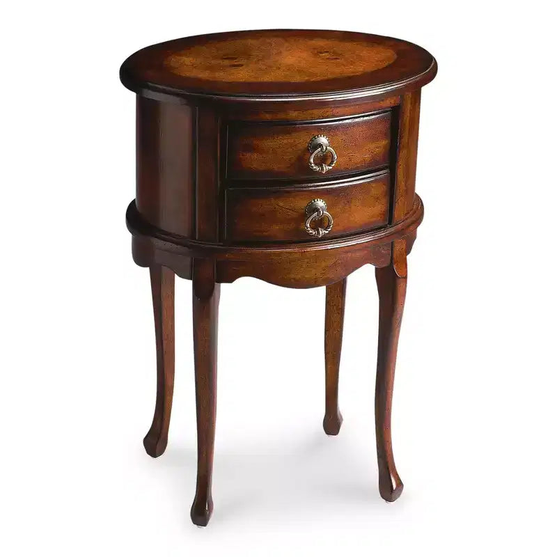 HomeRoots 26 Table d'appoint ovale en bois manufacturé marron foncé et cerise avec deux tiroirs