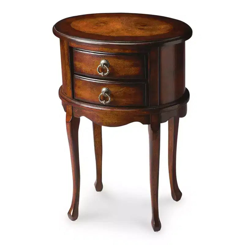 HomeRoots 26 Table d'appoint ovale en bois manufacturé marron foncé et cerise avec deux tiroirs