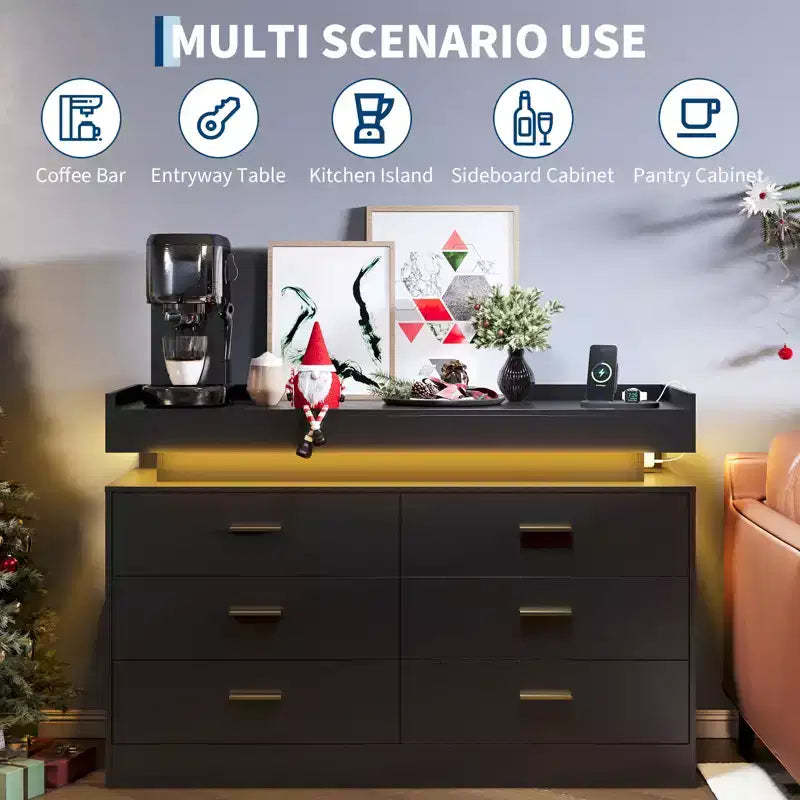 Meuble TV, Meuble bar à café avec plateau flottant, Buffet moderne 6 tiroirs pour la maison, le salon