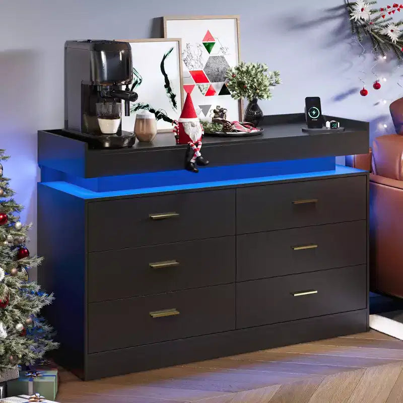 Meuble TV, Meuble bar à café avec plateau flottant, Buffet moderne 6 tiroirs pour la maison, le salon