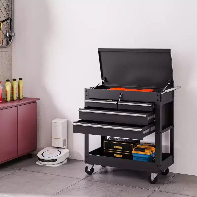 Dessertes à outils roulantes à 4 tiroirs, avec serrure, revêtement poudré, tiroirs à plusieurs niveaux, organisateur de boîte à outils à plusieurs niveaux, étagères et rangement mobile