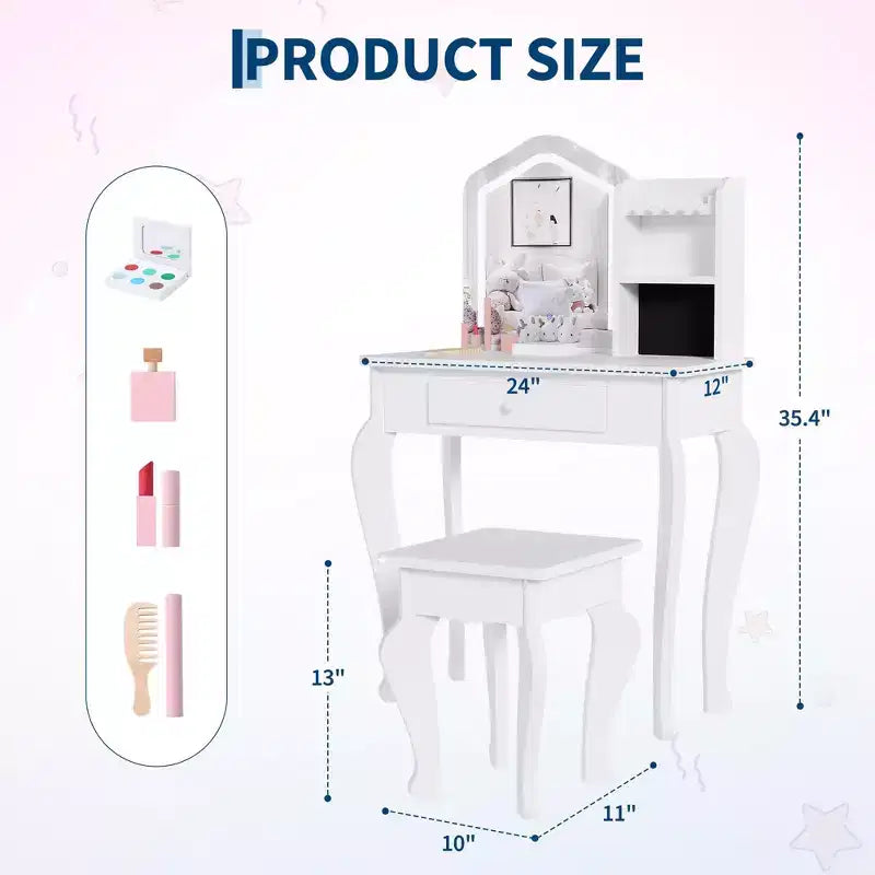 Coiffeuse pour enfants avec miroir lumineux, coiffeuse et tabouret pour petites filles, ensemble de table de maquillage pour tout-petits et ensemble de jeu de maquillage pour les filles de 3 à 8 ans