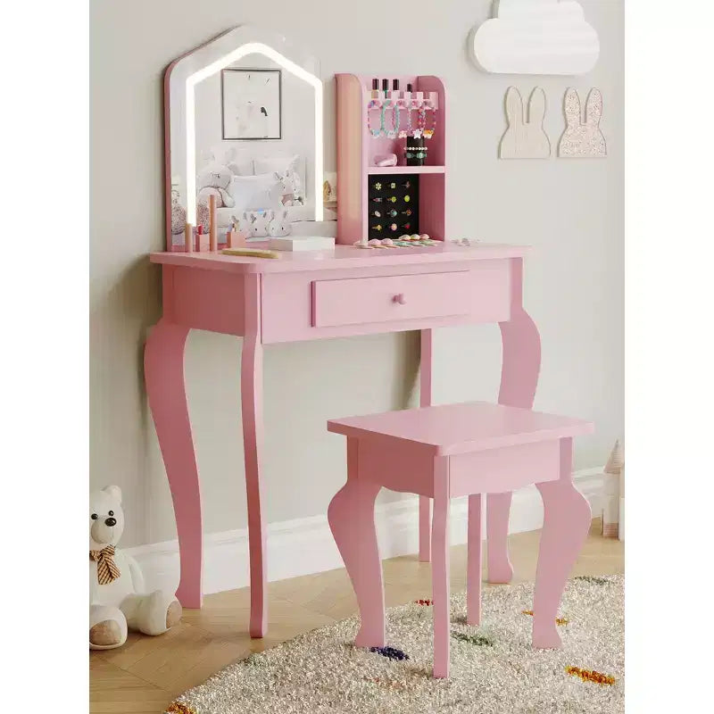 Coiffeuse pour enfants avec miroir lumineux, coiffeuse et tabouret pour petites filles, ensemble de table de maquillage pour tout-petits et ensemble de jeu de maquillage pour les filles de 3 à 8 ans