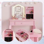 Coiffeuse pour enfants avec miroir lumineux, coiffeuse et tabouret pour petites filles, ensemble de table de maquillage pour tout-petits et ensemble de jeu de maquillage pour les filles de 3 à 8 ans