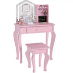Kids Vanity with Lighted Mirror, Little Girl Vanity and Stool, Toddler Makeup Table Set and Makeup Playset for 3-8 Girls