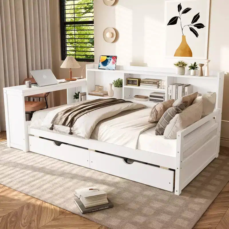 Cadre de lit de repos d'angle double Whisen avec tiroirs de rangement, bureau et bibliothèque