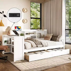 Cadre de lit de repos d'angle double Whisen avec tiroirs de rangement, bureau et bibliothèque