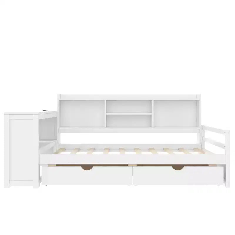 Cadre de lit de repos d'angle double Whisen avec tiroirs de rangement, bureau et bibliothèque