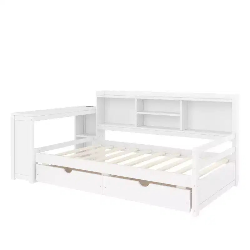 Cadre de lit de repos d'angle double Whisen avec tiroirs de rangement, bureau et bibliothèque