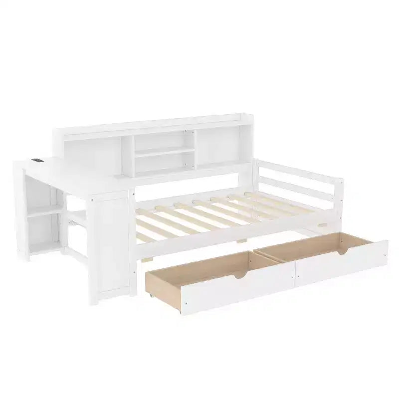 Cadre de lit de repos d'angle double Whisen avec tiroirs de rangement, bureau et bibliothèque