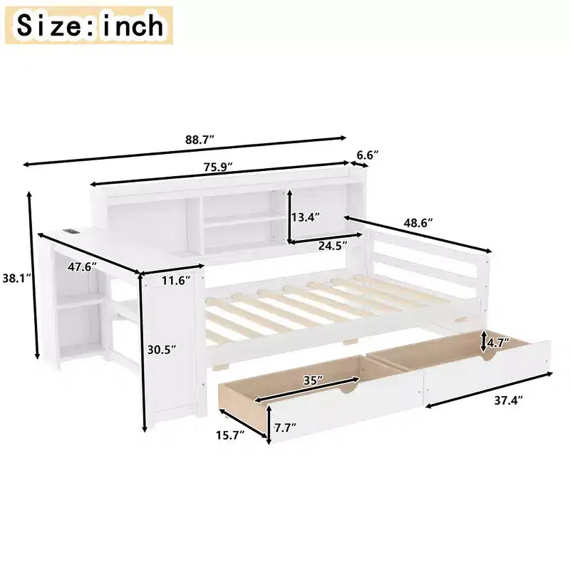 Cadre de lit de repos d'angle double Whisen avec tiroirs de rangement, bureau et bibliothèque