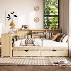 Cadre de lit de repos d'angle double Whisen avec tiroirs de rangement, bureau et bibliothèque