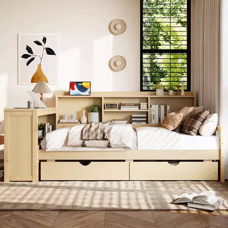 Cadre de lit de repos d'angle double Whisen avec tiroirs de rangement, bureau et bibliothèque