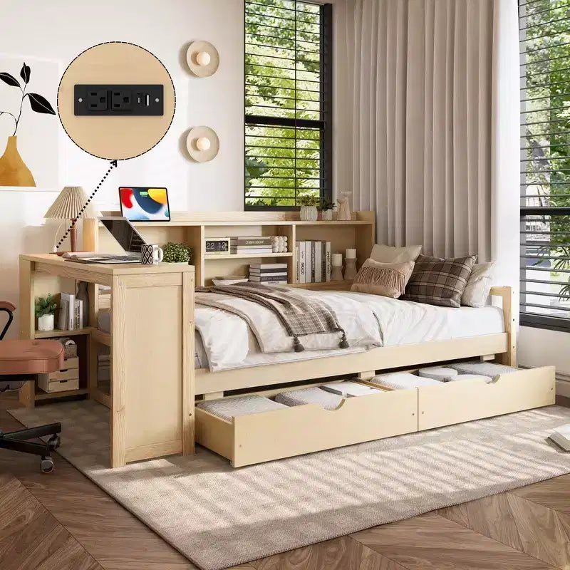 Cadre de lit de repos d'angle double Whisen avec tiroirs de rangement, bureau et bibliothèque