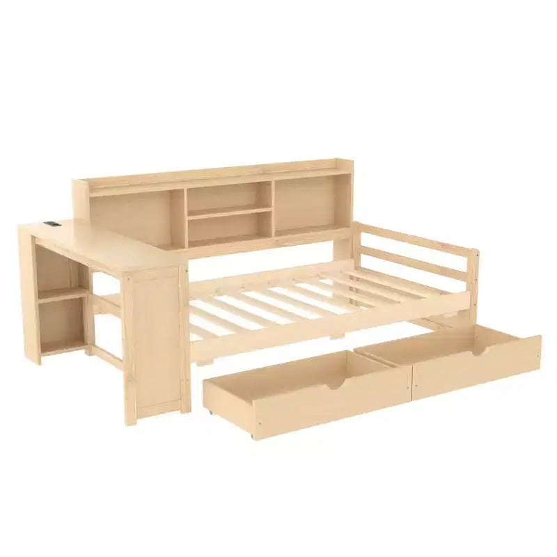 Cadre de lit de repos d'angle double Whisen avec tiroirs de rangement, bureau et bibliothèque