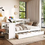 Cadre de lit de repos d'angle double Whisen avec tiroirs de rangement, bureau et bibliothèque