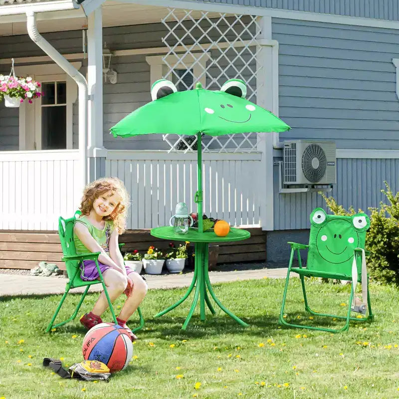 Ensemble table et chaises pliantes pour enfants, table de pique-nique avec motif grenouille, parasol amovible et réglable en hauteur pour jardin, cour, vert