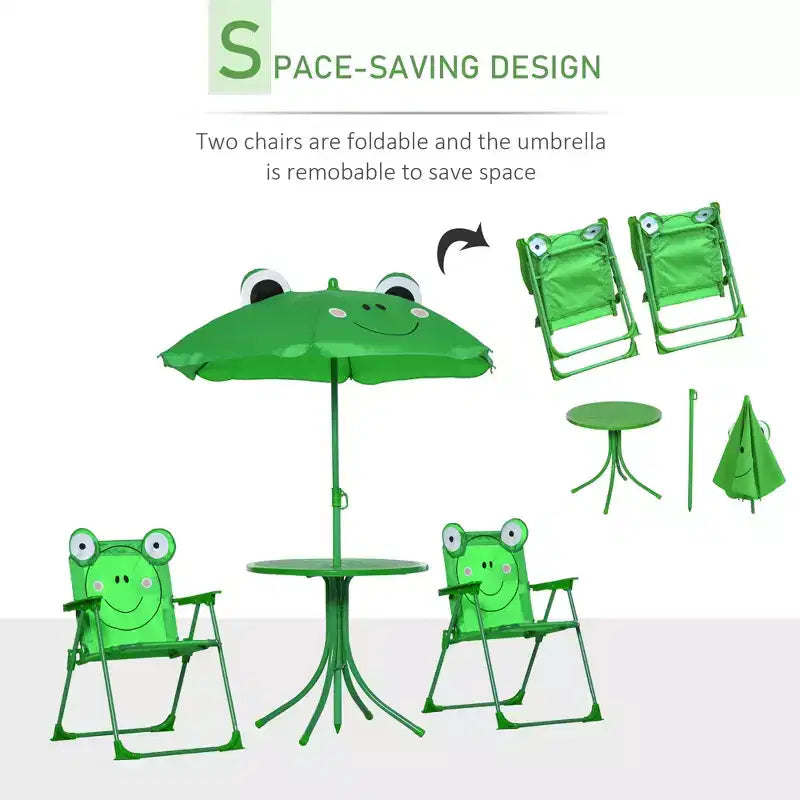 Ensemble table et chaises pliantes pour enfants, table de pique-nique avec motif grenouille, parasol amovible et réglable en hauteur pour jardin, cour, vert