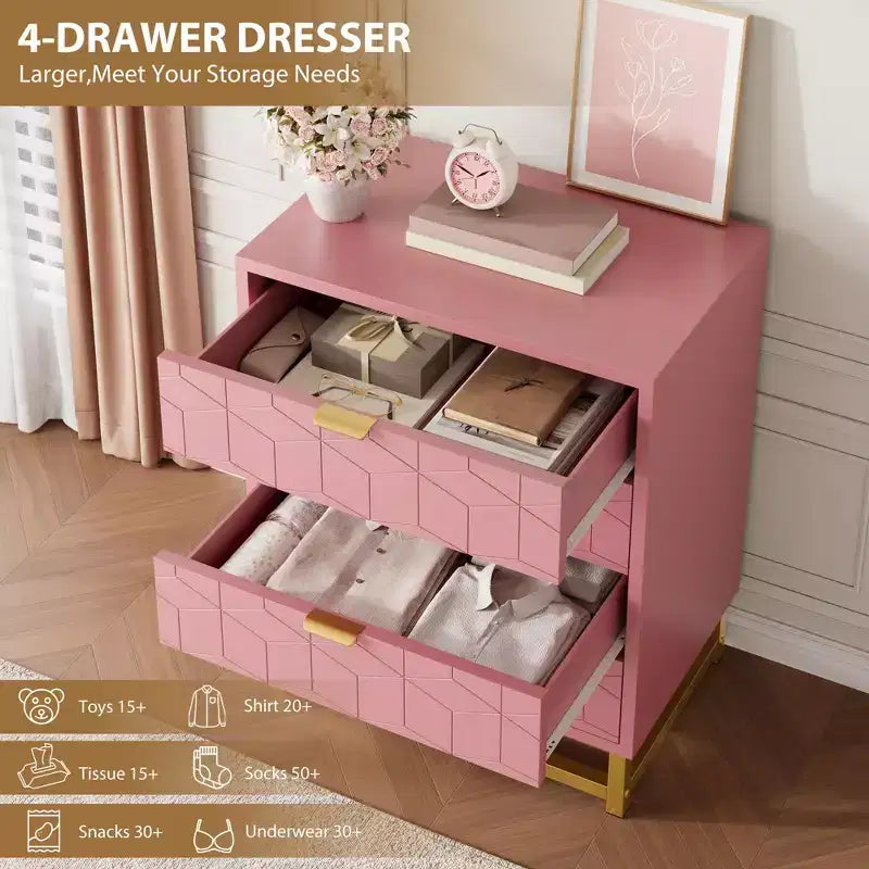 Commode, commode rose en bois à 4 tiroirs avec poignées dorées, rangement moderne
