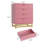 Commode, commode rose en bois à 4 tiroirs avec poignées dorées, rangement moderne