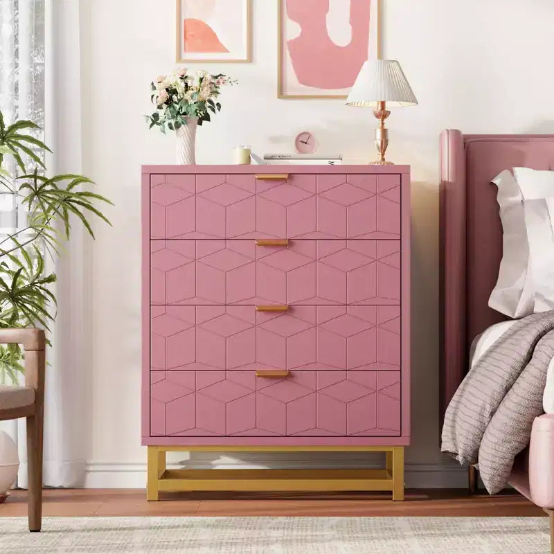 Commode, commode rose en bois à 4 tiroirs avec poignées dorées, rangement moderne