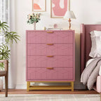 Commode, commode rose en bois à 4 tiroirs avec poignées dorées, rangement moderne