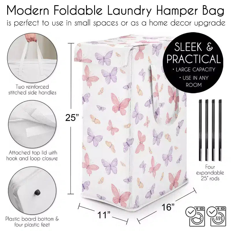 Panier à linge pliable pour fille Sweet Jojo Designs avec poignées papillon rose et violet