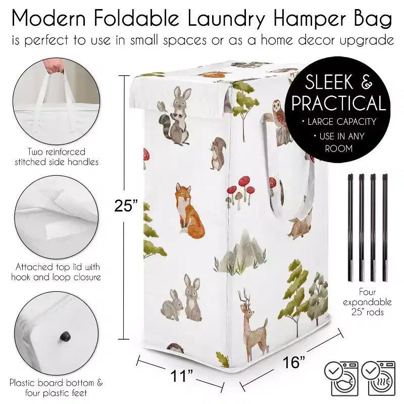 Panier à Linge Pliable Sweet Jojo Designs, Garçon, Fille, Unisexe/Neutre, avec Poignées, Animaux de la Forêt Aquarelles, Vert, Marron et Rouge