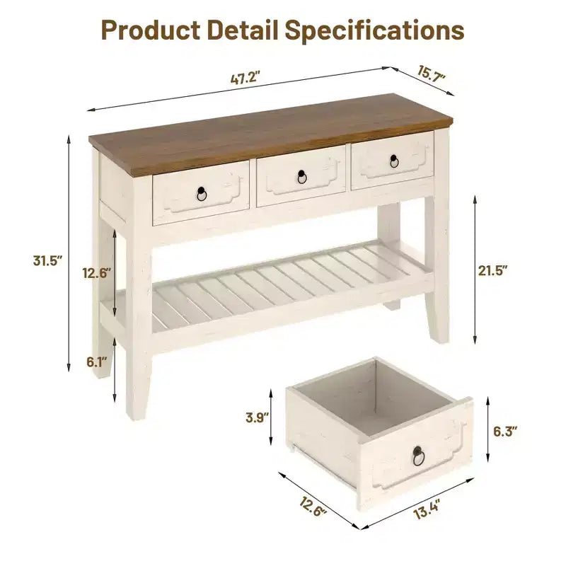 Table console 47" avec tiroirs, table d'entrée rustique de style ferme avec étagère inférieure et pieds en bois massif pour entrée, salon, vestibule, hall d'accueil
